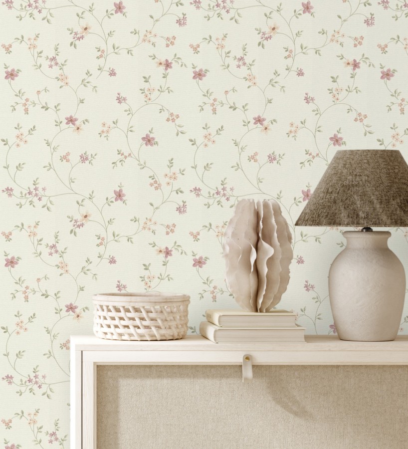 Papel pintado de flores pequeñas con textura entelada en colores malva y beige fondo blanco  Petit Spring 683341