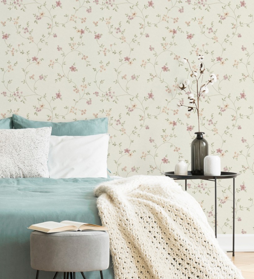 Papel pintado de flores pequeñas con textura entelada en colores malva y beige fondo blanco  Petit Spring 683341
