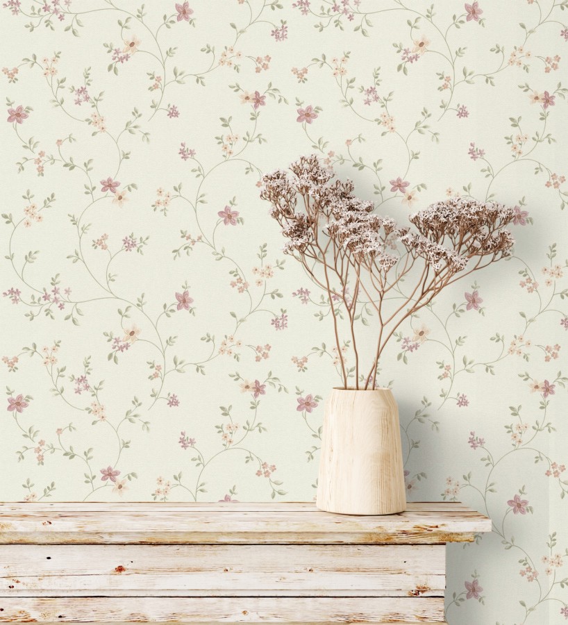 Papel pintado de flores pequeñas con textura entelada en colores malva y beige fondo blanco  Petit Spring 683341