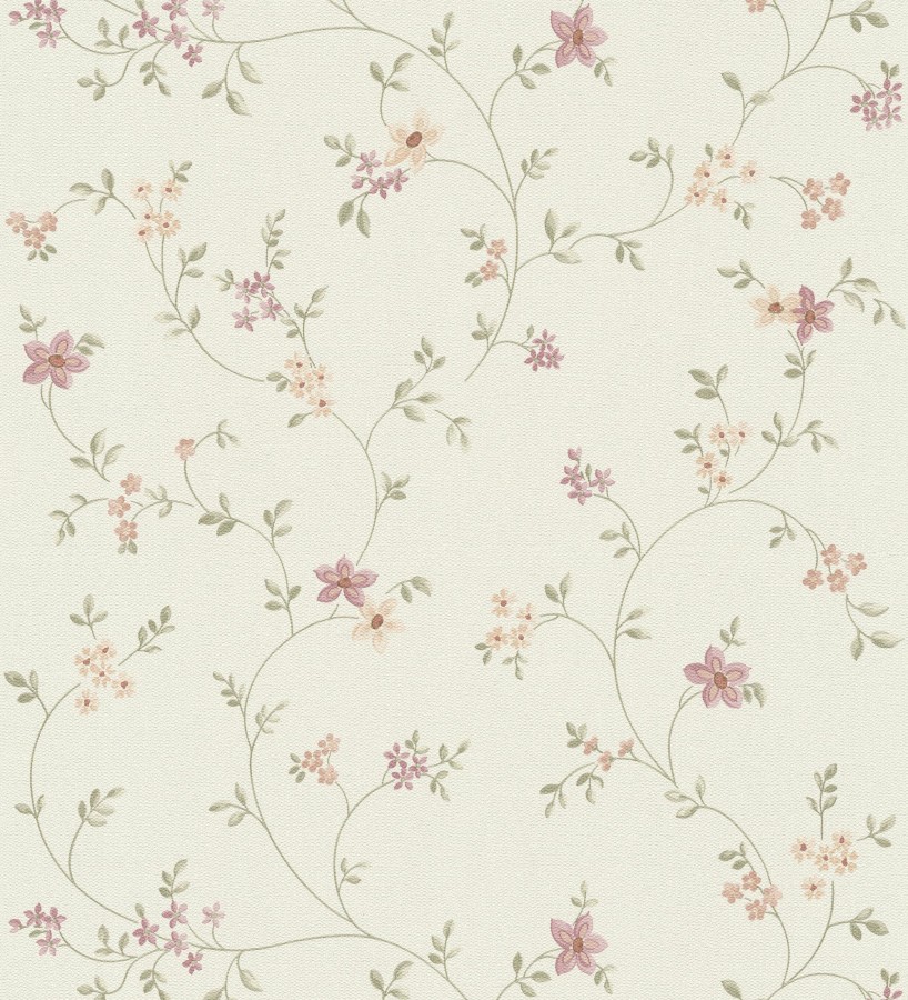 Papel pintado de flores pequeñas con textura entelada en colores malva y beige fondo blanco  Petit Spring 683341