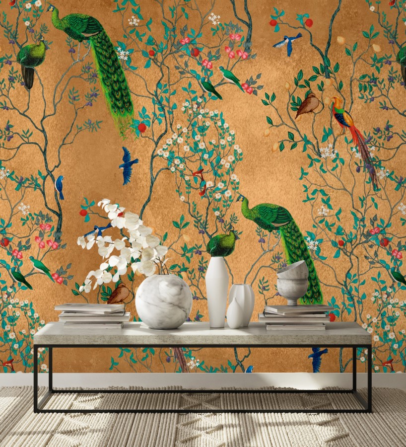 Papel pintado mural de pavos reales y aves exóticas  African Oasis 683236