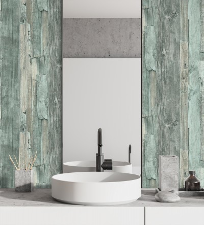 Papel pintado madera desgastada celeste turquesa estilo rústico Antares 453788