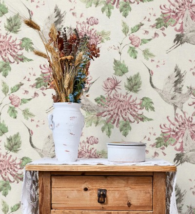 Papel pintado pájaros y flores estilo japonés Zen Garden 126379