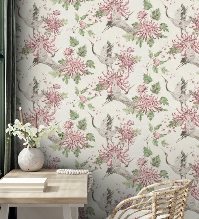 Papel pintado pájaros y flores estilo japonés Zen Garden 126379
