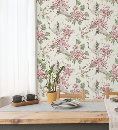 Papel pintado pájaros y flores estilo japonés Zen Garden 126379