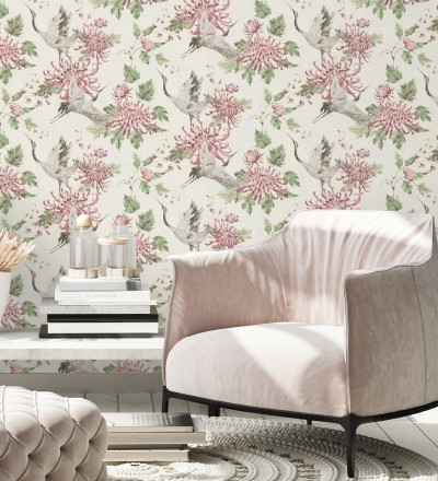 Papel pintado pájaros y flores estilo japonés Zen Garden 126379